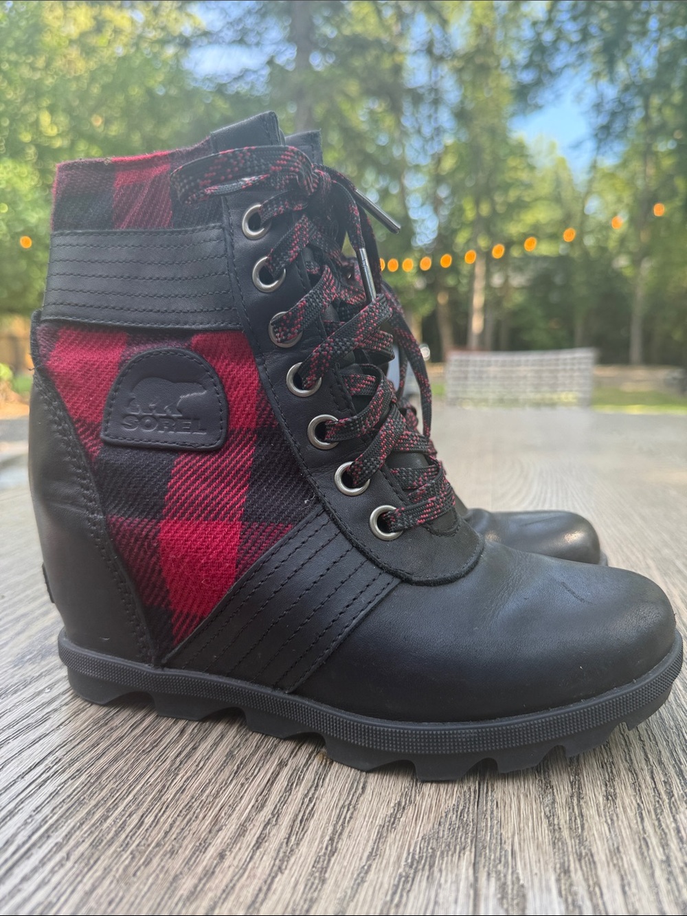 Sorel Black Leather Wedge Boot with Red Plaid Panels